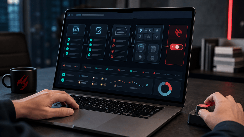 Close-up of an AI agent safety workflow showing staged actions, testing, risk review, and final human approval.