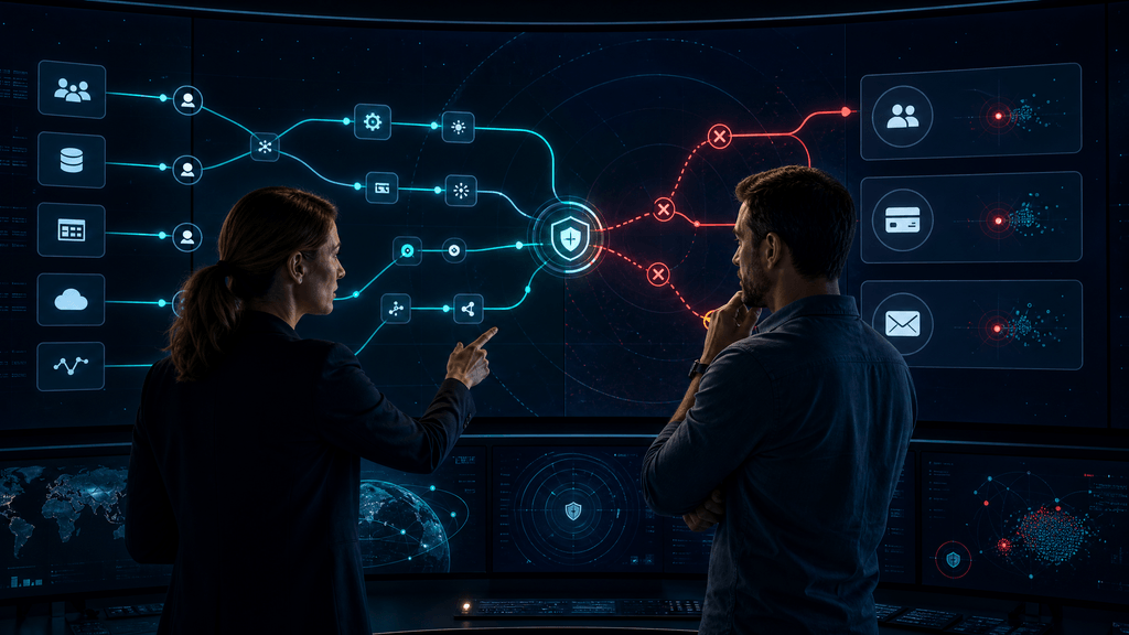 Team monitoring an AI workflow across multiple tools with a permission gate preventing risky automated actions.