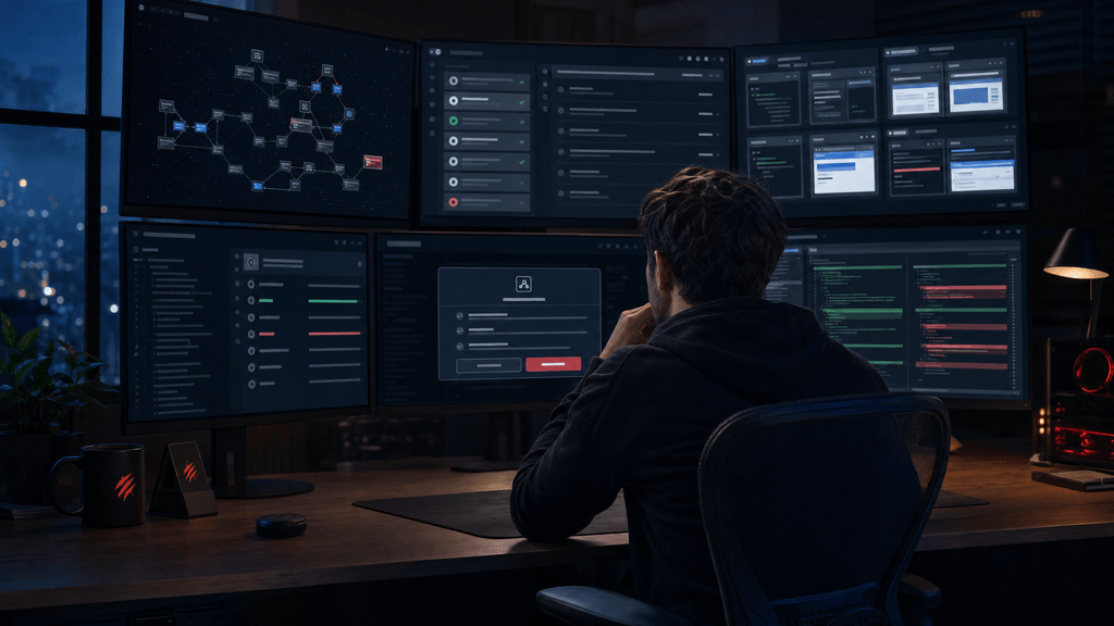 Developer supervising an AI coding agent dashboard with task queues, terminal workflows, and approval checkpoints in a dark command-center workspace.