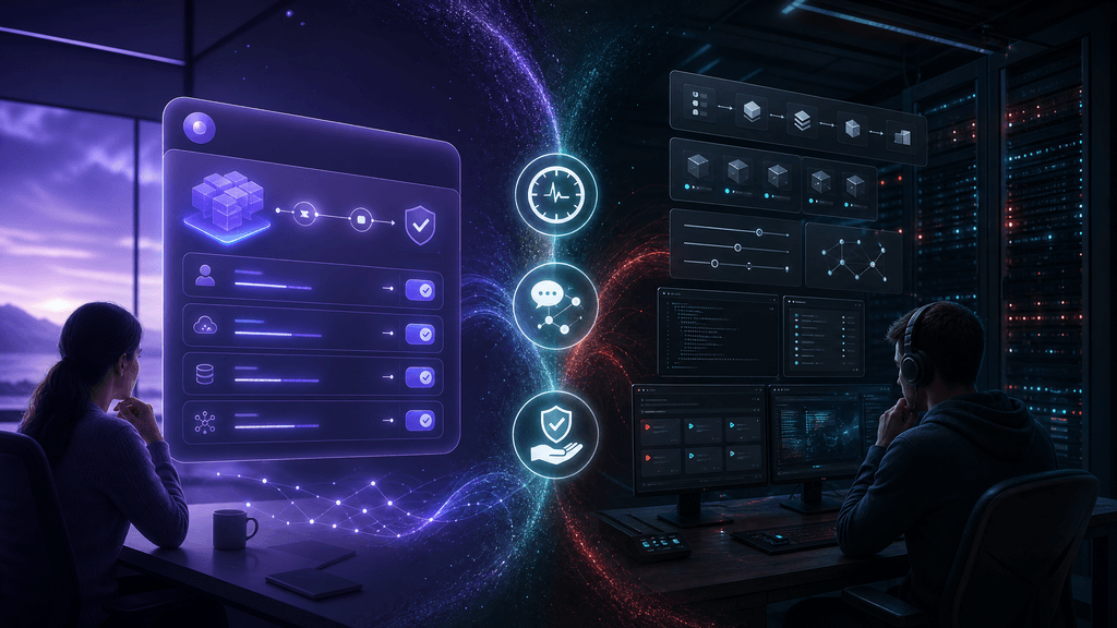 Comparison-style visual of Hostinger OpenClaw managed hosting versus VPS deployment, showing two hosting paths for an always-on AI agent with control, uptime, and workflow cues.