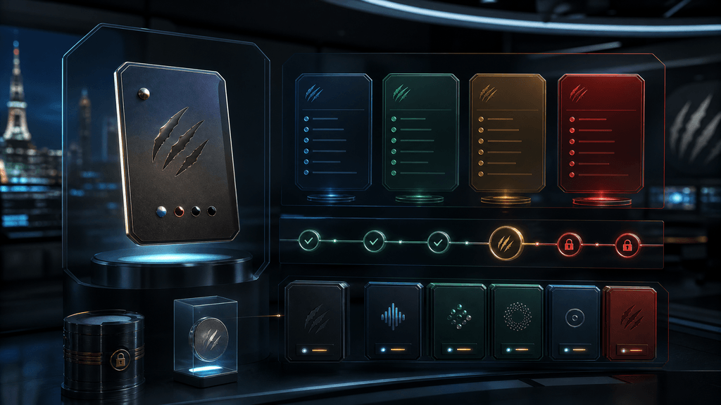 Structured brand visual of a hosted AI agent service with pricing-style blocks, approval gates, and queued automation modules in a dark starfield interface scene.