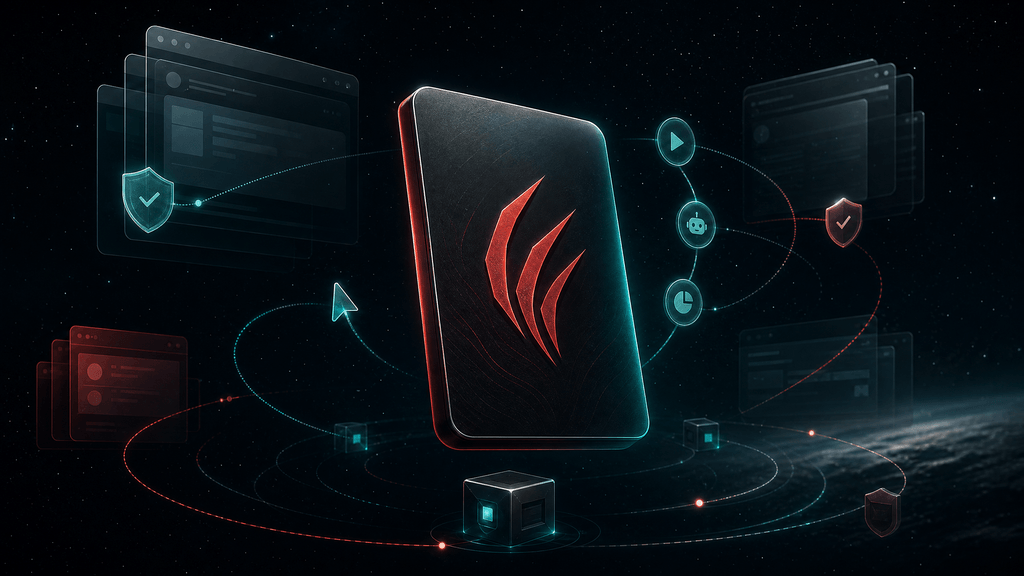 Abstract brand-style image of a hosted AI agent product card with claw-inspired mark, browser automation elements, permission icons, and task queue shapes in a dark starfield setting.