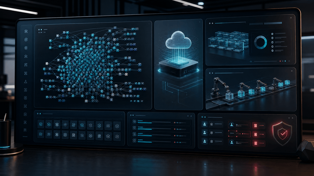 Brand-style dashboard illustration for Kimi Claw featuring skill library panels, task queues, linked agent setup, storage modules, and approval-based automation controls.