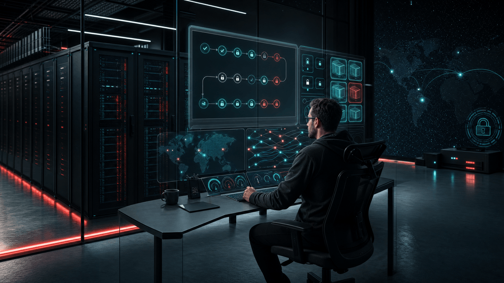 Builder reviewing secure AI agent hosting controls, task approvals, and cloud infrastructure tradeoffs in a modern server operations space.